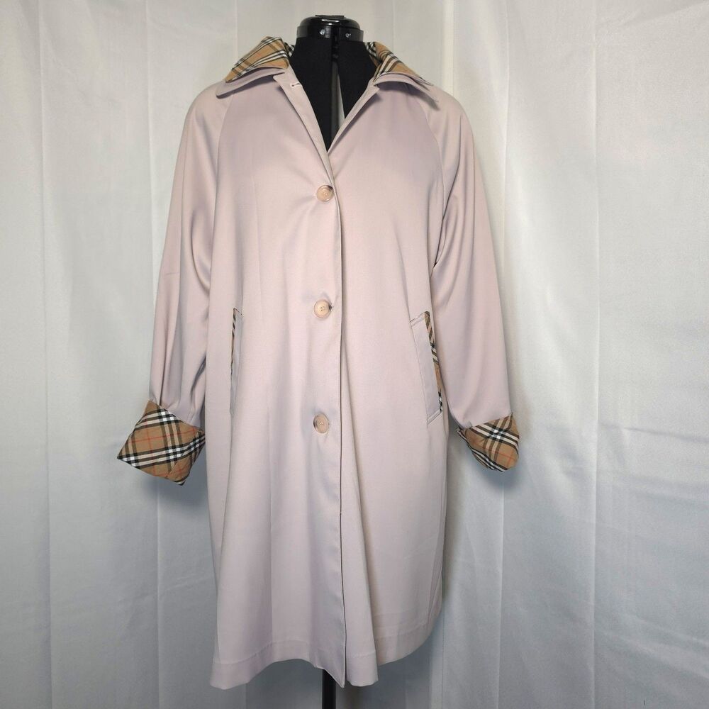 VTG 80s 90s Heuisalon Trench Coat Jacket Women XL Beige Tan Plaid Cuff Collar